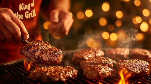 Backyard BBQ Delight and Grill Mastery. Chef Grilling Patties, Flames, Smoke, Bokeh Background. Barbecue, Food, Summer, Party. Ideal Food Blogs, Restaurant Ads, Party Promotion.