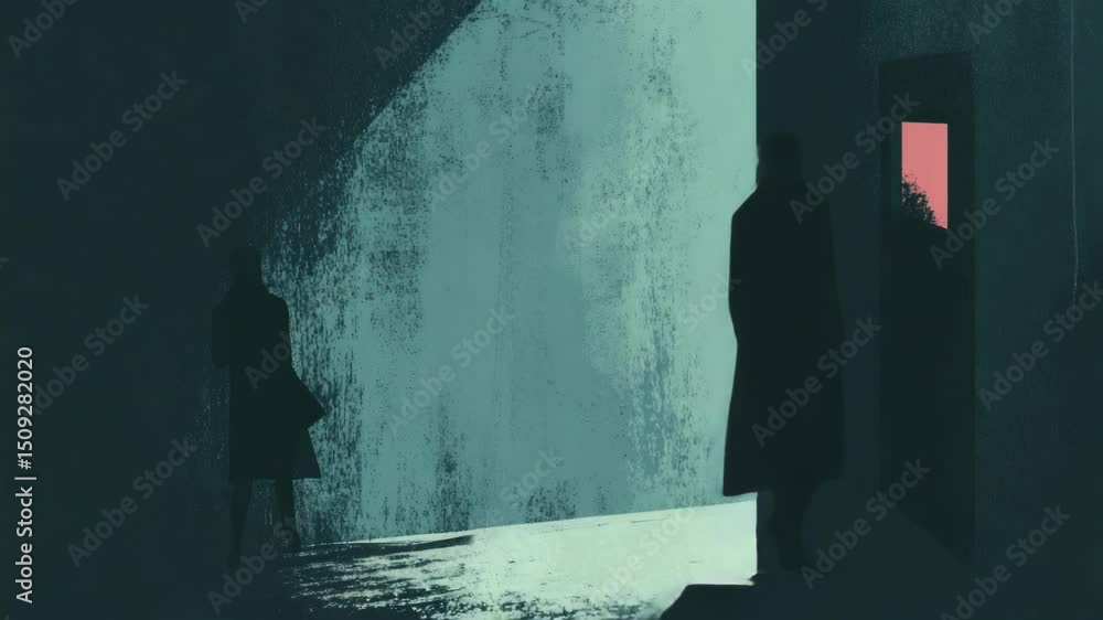 Poster a couple stands together in a dimly lit room, illuminated by a single light source