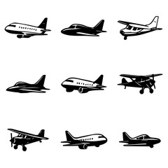 set of Airplane vector design, airplane, plane, aircraft, jet, travel, sky, transportation, air, fly, flying, flight, aviation, transport, aeroplanes, airliner, passenger, business, landing, airport