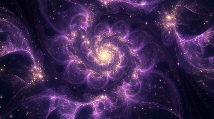 Abstract purple fractal spiral galaxy with glowing particles.