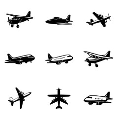 set of Airplane black & white vector design, airplane, plane, aircraft, jet, travel, sky, transportation, air, fly, flying, flight, aviation, transport, airliner, passenger, business, landing, airport