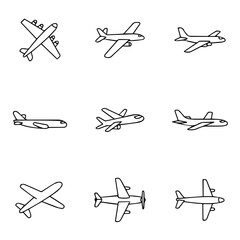 set of Airplane line art vector design, airplane, plane, aircraft, jet, travel, sky, transportation, air, fly, flying, flight, aviation, transport, airliner, passenger, business, landing, airport