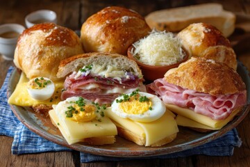 Deutsches Frühstück Wurst Käse Brötchen Frühstücksteller Ei Schinken Frühstücksbuffet Brotzeit Aufschnitt Frühstück klassisch Deftig Frühstücken Frühstück mit Brötchen Käseplatte Frühstück