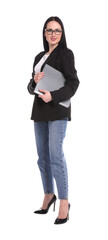 Full-length portrait of professional psychologist with folder on white background