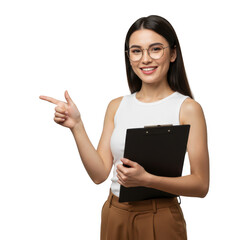 Smiling woman with clipboard pointing isolated on transparent background. for presentations, advertising, or educational materials.