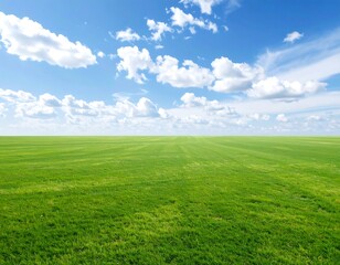 Fototapeta premium Expansive, vibrant green field under a bright blue sky dotted with fluffy white clouds