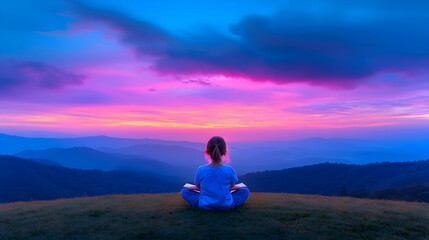 Obraz premium Woman Meditating at Sunset Over Mountains