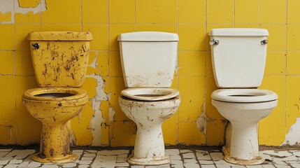 Collage. Cleaning the toilet. Dirty yellow toilet, white clean toilet. 