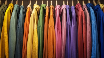 Colored clothing of all colors of the rainbow / spectrum hanging in the wardrobe. 