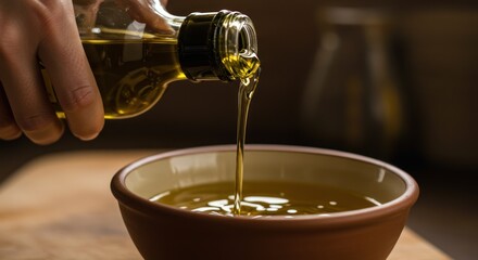 Pouring golden olive oil into a rustic bowl for culinary preparation