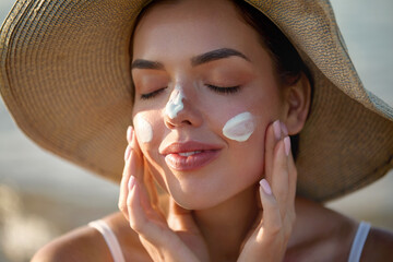 Portrait of female applying  moisturizing lotion on skin. Beautiful young woman with sun cream on...