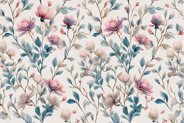 Floral pattern with pink and white flowers and green leaves on a light background in a seamless design