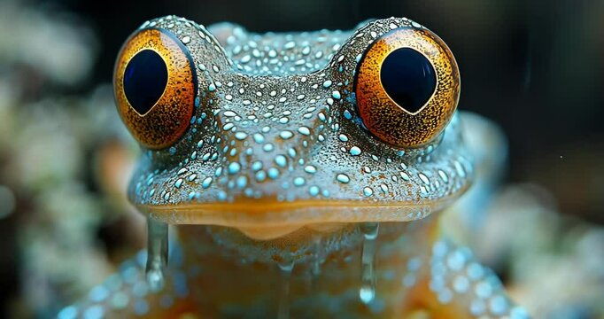Close-up of a colorful frog with vibrant orange eyes and speckled blue skin.