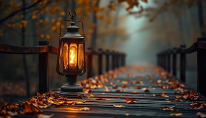 Illuminated vintage lantern on a wooden bridge covered with autumn leaves