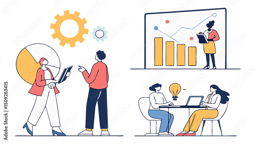 Poster people collaborating on data analysis and brainstorming ideas in a business environment setting