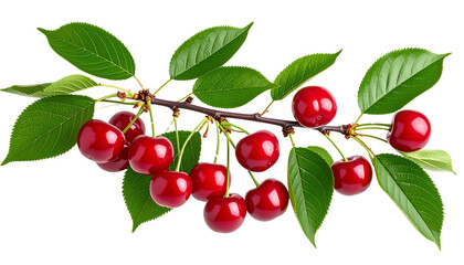 Cherry tree branch with ripe red cherries and green leaves on transparent background