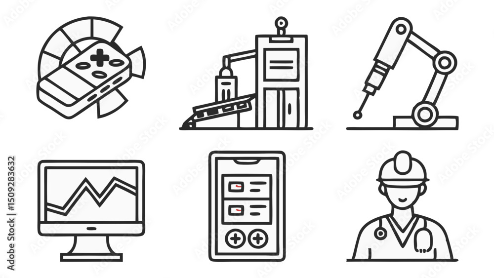 Poster a collection of six distinct line drawings depicting technology and industry related concepts and ob
