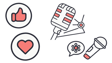 Doodle style graphic with thumbs up, heart, microphones, and speech bubble on a white background