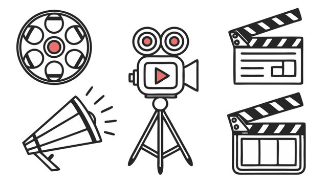 A collection of cinema related objects including a camera, film reel, megaphone and clapperboards