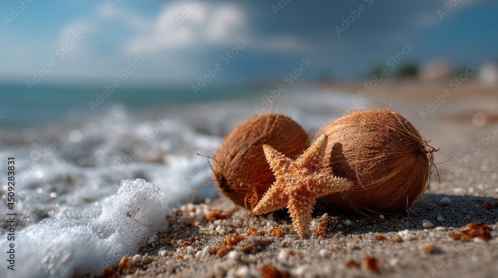 Aufkleber coconuts sit on the sand alongside a starfish, with gentle ocean waves lapping at their sides. the b