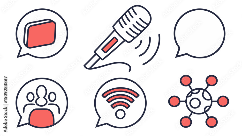 Poster collection of speech bubbles containing different icons such as microphone and network signal symbol