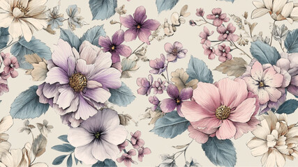 Floral pattern featuring large blooms in shades of pink purple and white with green and blue leaves