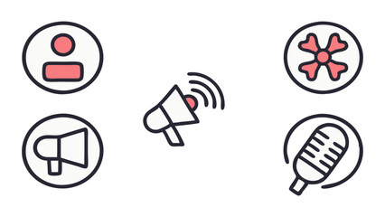 Collection of communication themed icons including profile megaphone microphone and abstract shape