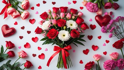 Valentine's Day floral arrangement with red roses and heart decorations