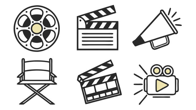 Collection of movie making equipment including film reel clapperboard megaphone and director chair