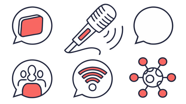 Collection of speech bubbles containing different icons such as microphone and network signal symbol