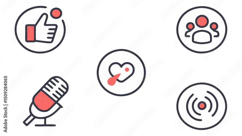 Poster collection of social media icons including a like button microphone heart and networking symbols