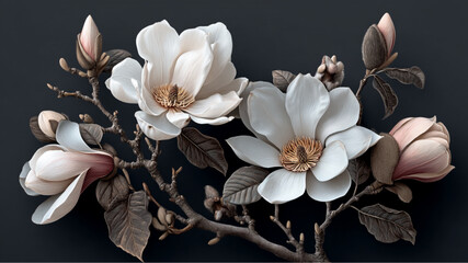 A detailed close up of magnolia flowers with buds and leaves against a dark gray background art piece