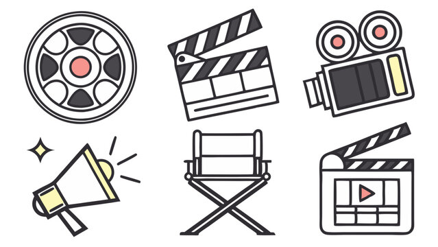 Collection of movie making equipment including camera, megaphone, chair, film reel and clapperboards