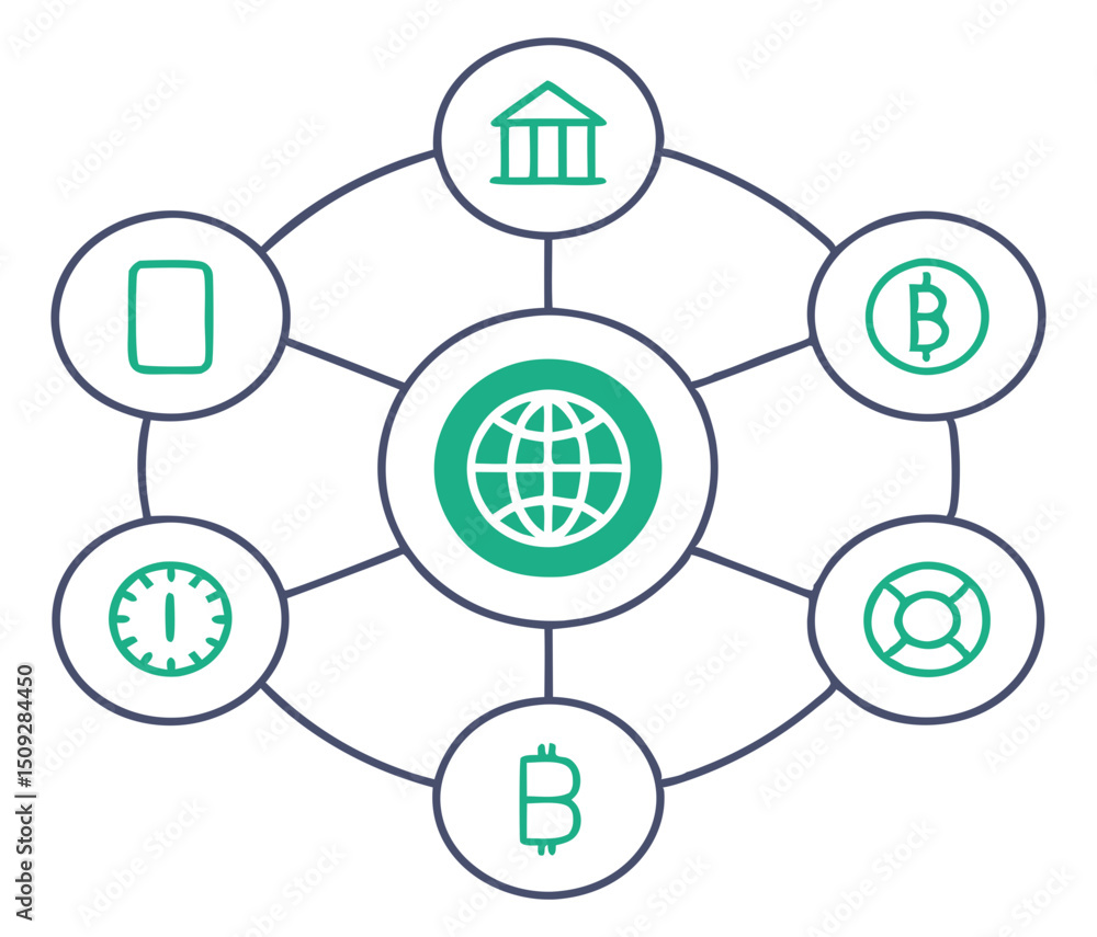 Poster network of interconnected icons representing global finance and digital transactions concept design