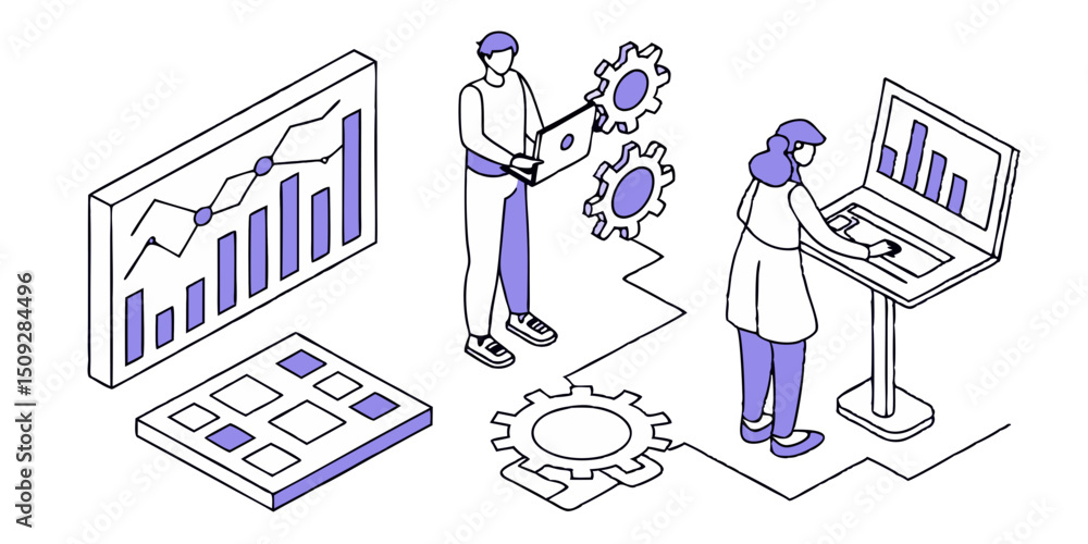 Aufkleber team members analyzing data on screens with gears and charts in a modern isometric depiction