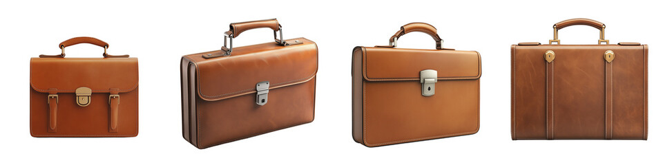 set of A leather briefcase, an open lock on the front panel, the suitcase is placed at eye level and viewed from above, highlighting its elegant design, on a transparent backgrounds