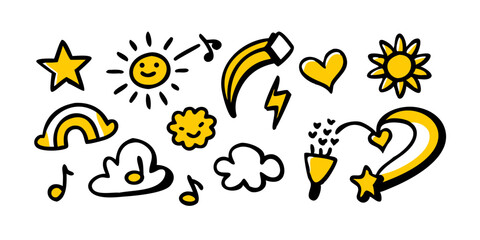 vector illustration of a set of colorful splashes "Child Pencil Drawing Background &ndash; Rainbow, Clouds, House, and Flowers Vector"