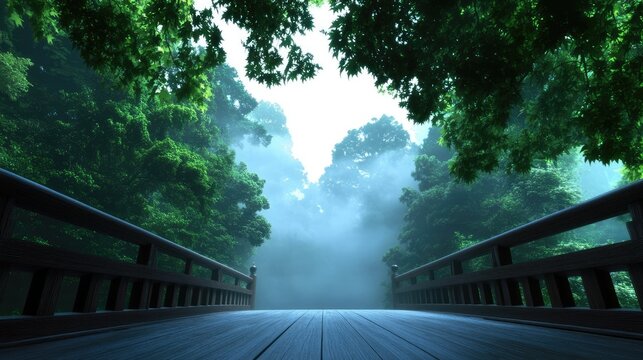 Misty forest bridge pathway