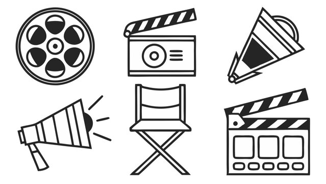 Collection of film production equipment including reel, clapperboard, megaphone and director chair