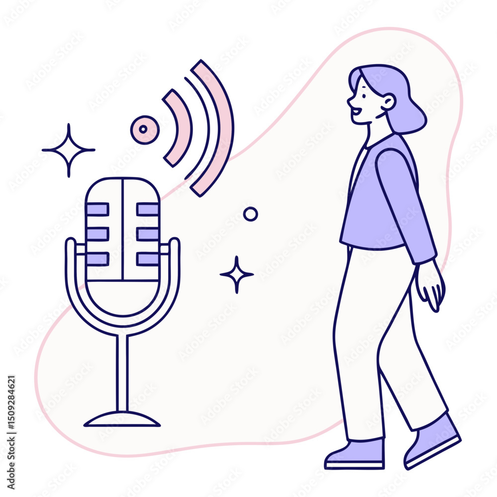 Poster person walking towards a microphone with sound waves and sparkles on a light background shape