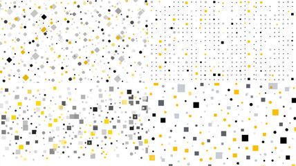 Abstract background with scattered circles and squares in yellow gray and black on white space