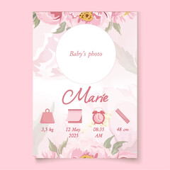 Floral pink baby birth details poster Baby announcement card Its a girl