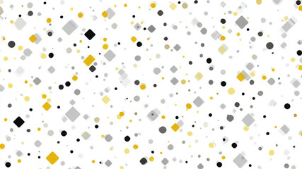Scattered shapes in black grey and yellow on white background creating a random geometric pattern design