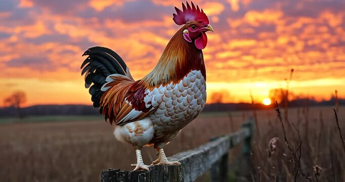 A rooster perched on a fence post in a field at sunrise.