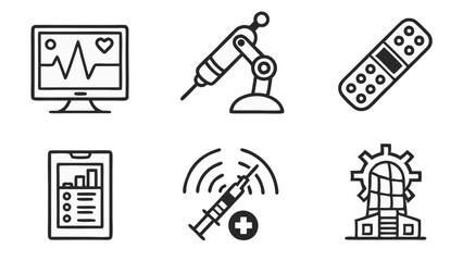 Collection of medical themed line drawings featuring monitor, robot arm, bandage, phone, and building