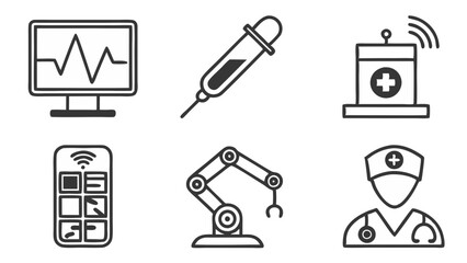 Collection of medical and industrial icons featuring a monitor, dropper, podium, remote, robot, and nurse