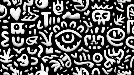 A black background filled with white abstract shapes and symbols in a seamless pattern design