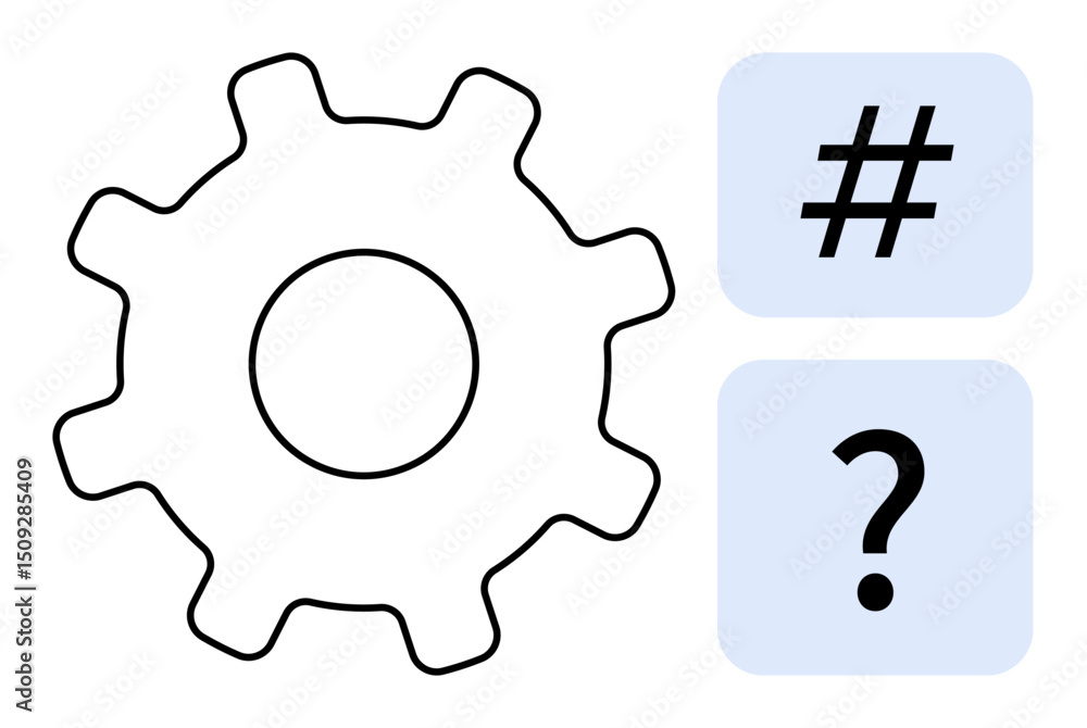 Poster gear with adjacent metadata tag and question mark in blue squares, representing technology, problem-