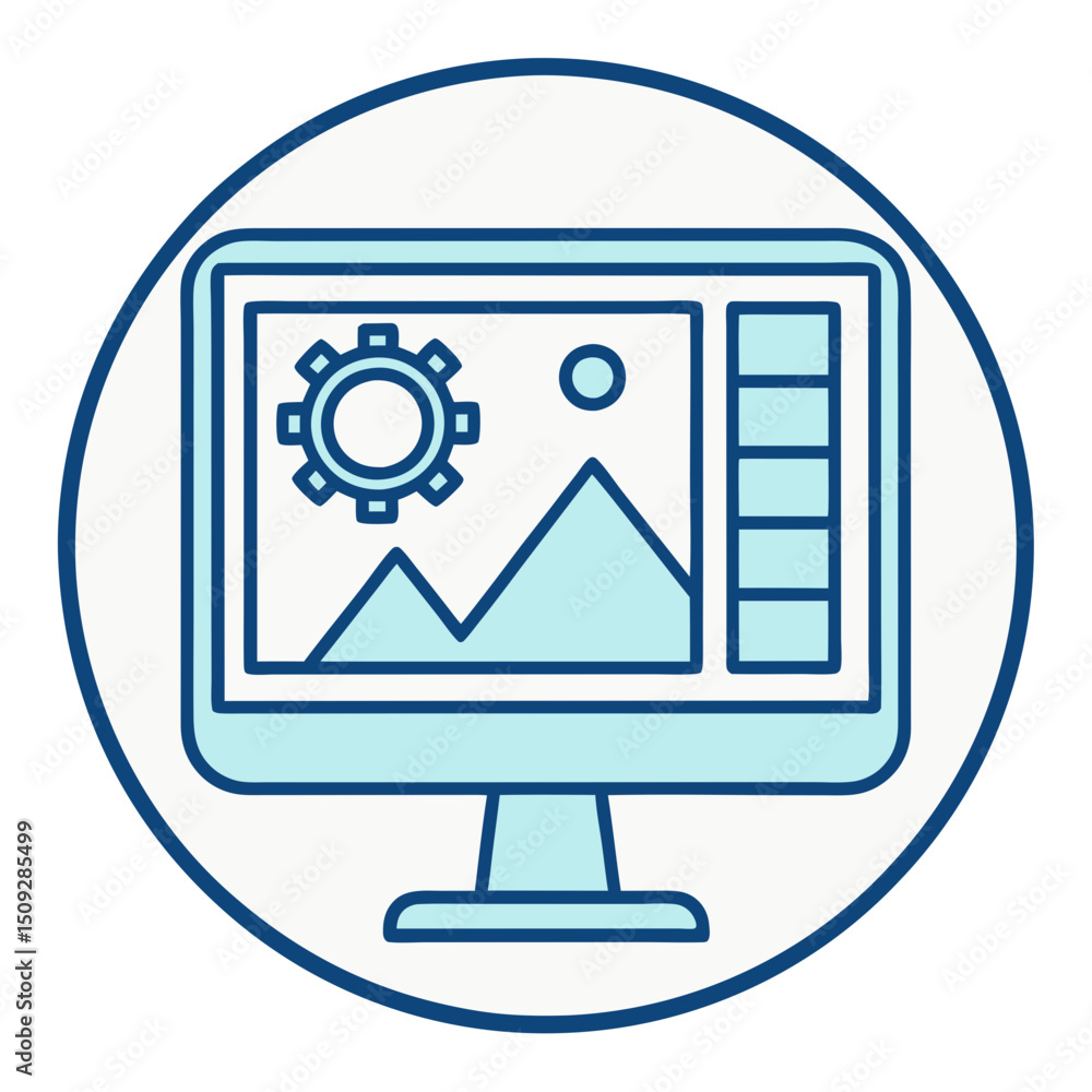Aufkleber computer screen displaying a gear, circle, mountains, and vertical rectangles in a circle frame