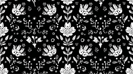 Black and white pattern with floral and animal motifs in a symmetrical arrangement design style
